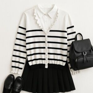 Mazik Black/White Striped Ruffle Hem Button-Down Cardigan Sweater - Medium
